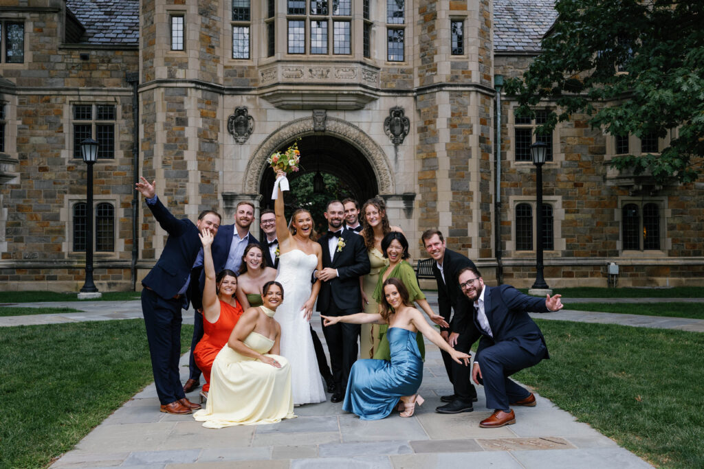 Wedding party portrait at UofM Law Quad