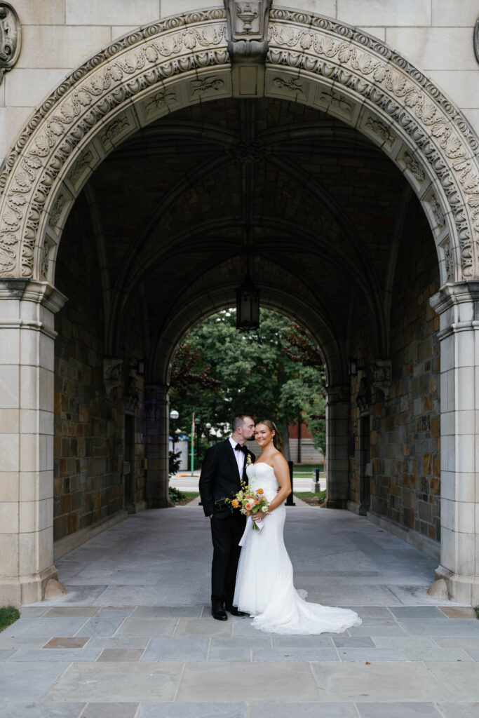 Bride and groom portraits at University of Michigan's Law Quad