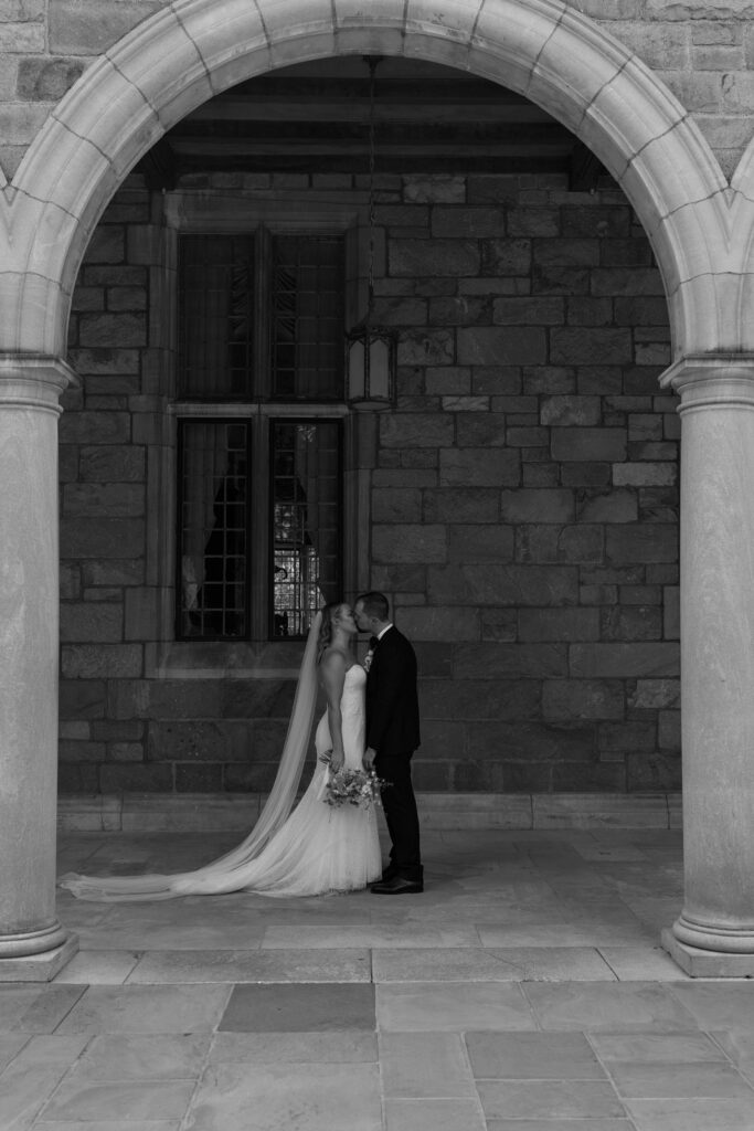 Bride and groom portraits at University of Michigan's Law Quad