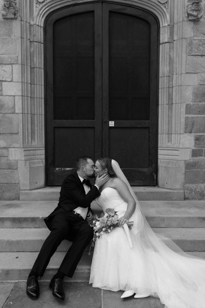 Bride and groom portraits at University of Michigan's Law Quad