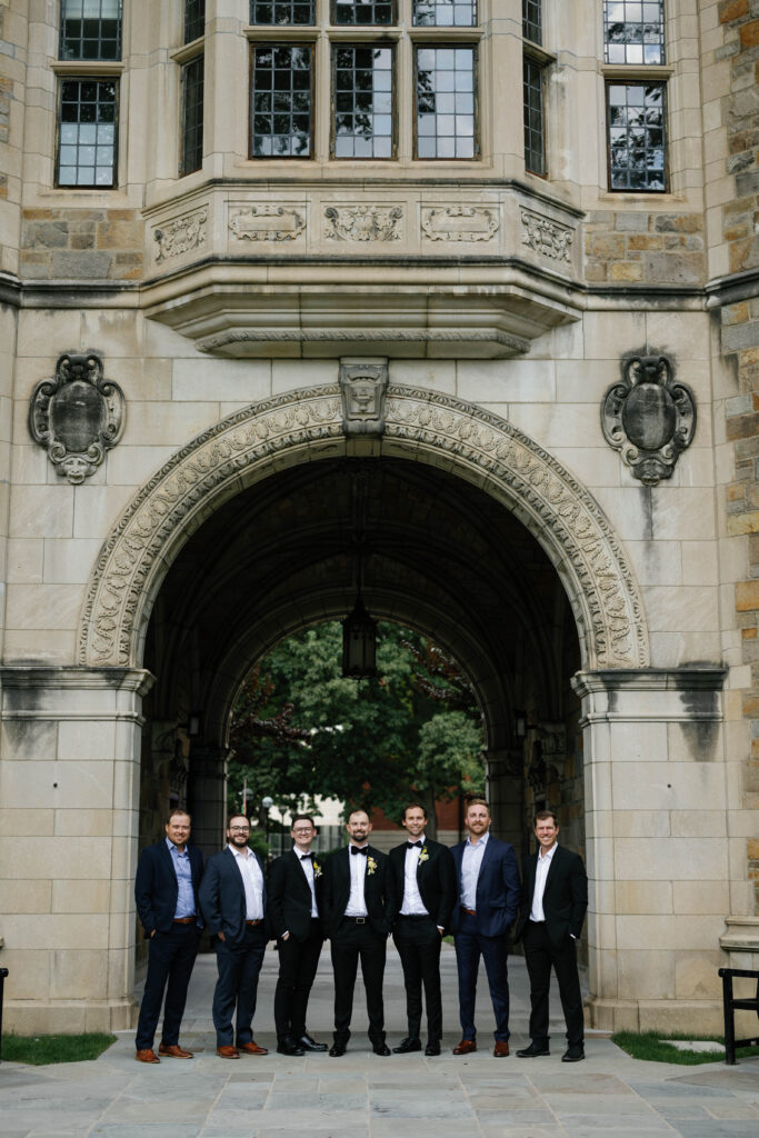 Groom and groomsmen portraits at University of Michigan's Law Quad