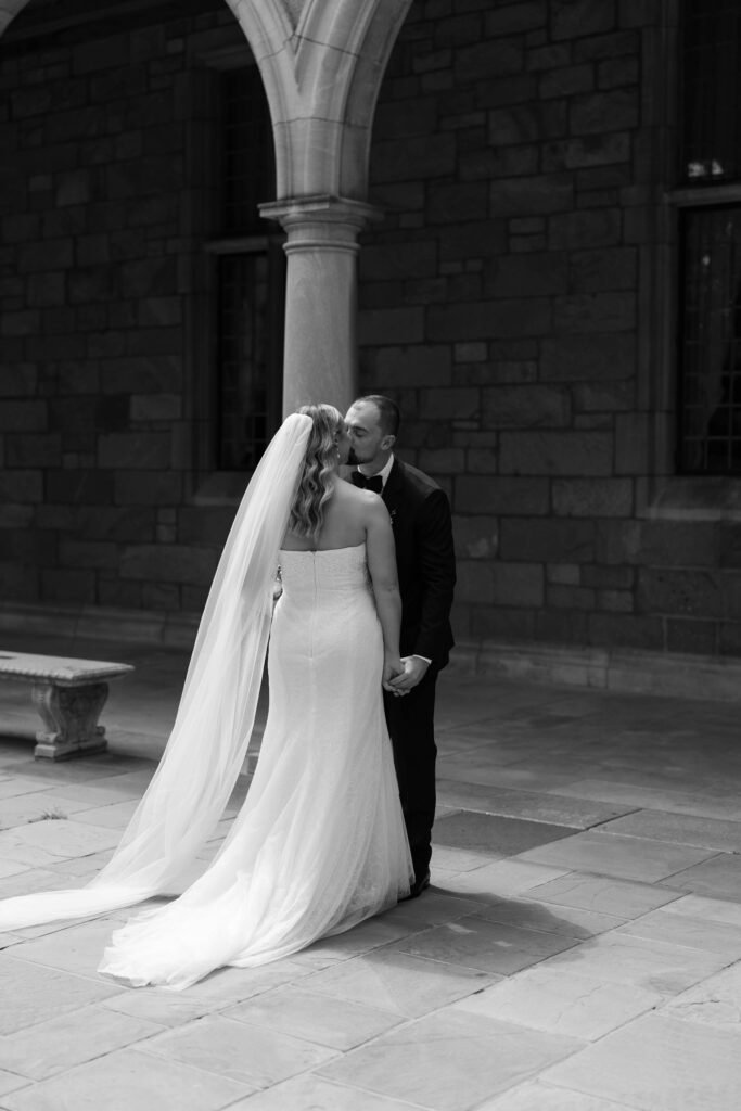 Bride and groom's first look at University of Michigan's Law Quad