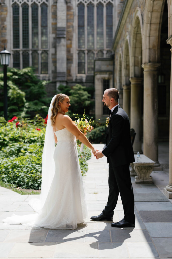 Bride and groom's first look at University of Michigan's Law Quad