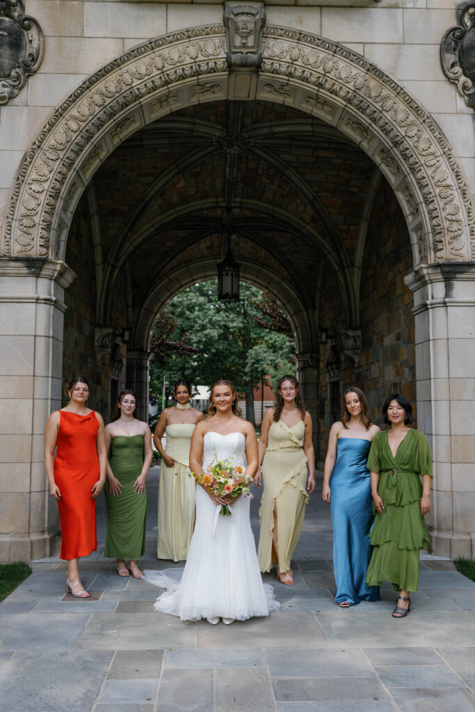 Bride and bridesmaids portraits at University of Michigan's Law Quad