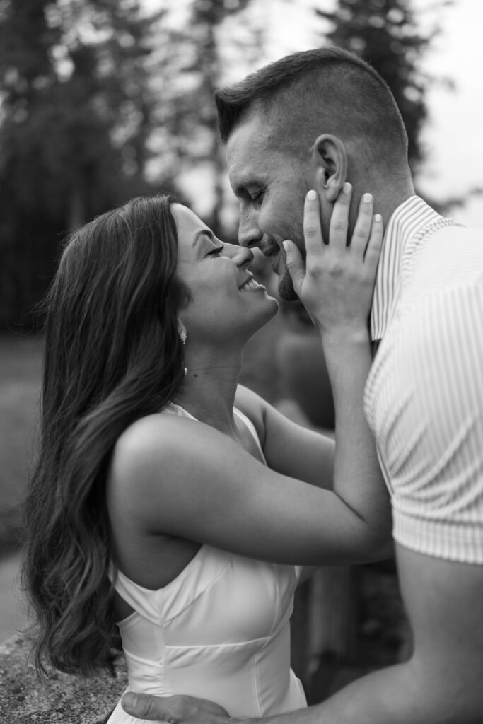Black and white close-up portrait of couple during engagement session at Cranbrook.