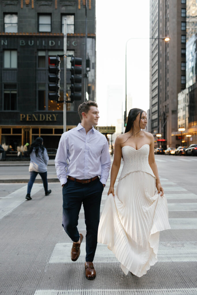 Chicago engagement photography candid couple crossing street